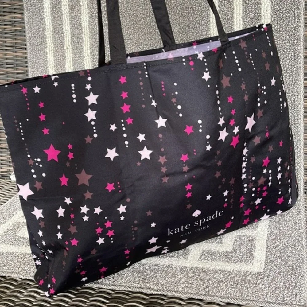 Kate Spade Black Multi Color with Light and Dark Pink Stars Canvas Tote XL Reusa - Picture 5 of 16